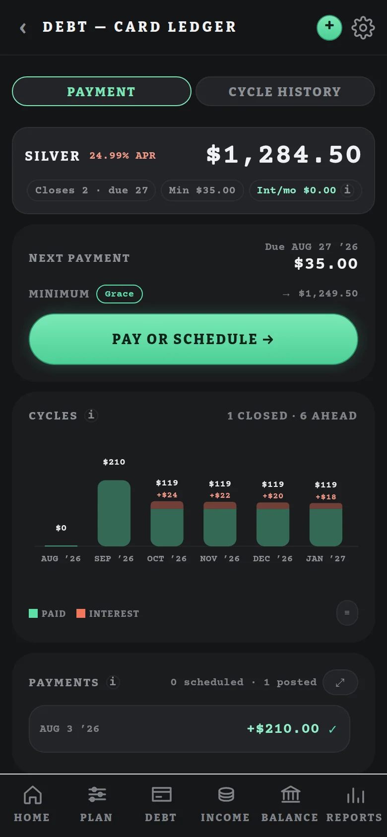 Card ledger with statement cycles